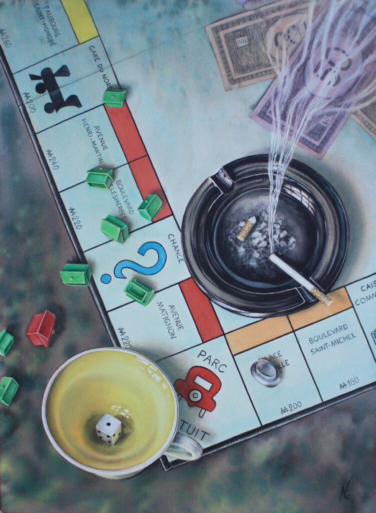Aquarelle peinture Monopoly nature morte