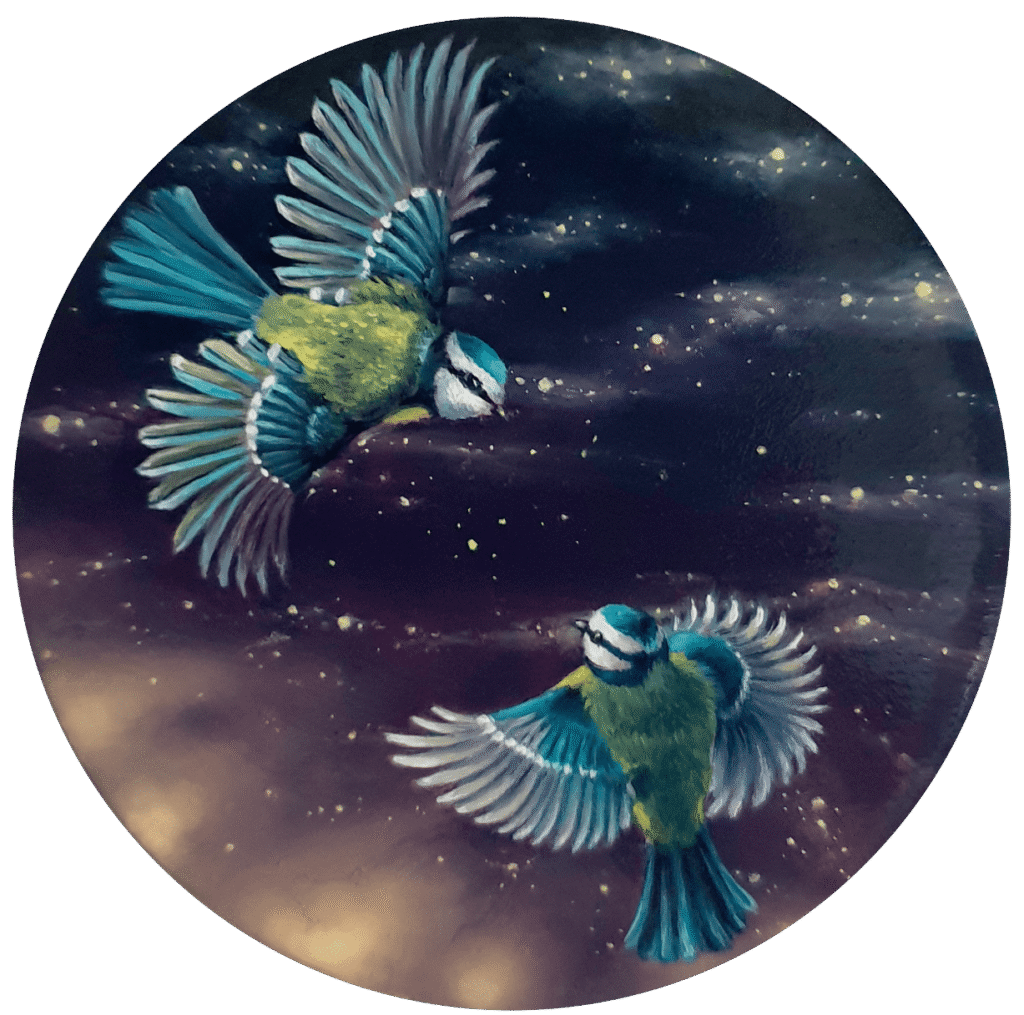 Peinture mini huile cuivre mésanges bleues